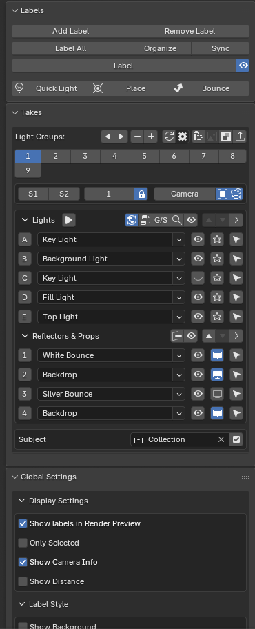 Takes panel with 4 take buttons, lights list expanded
